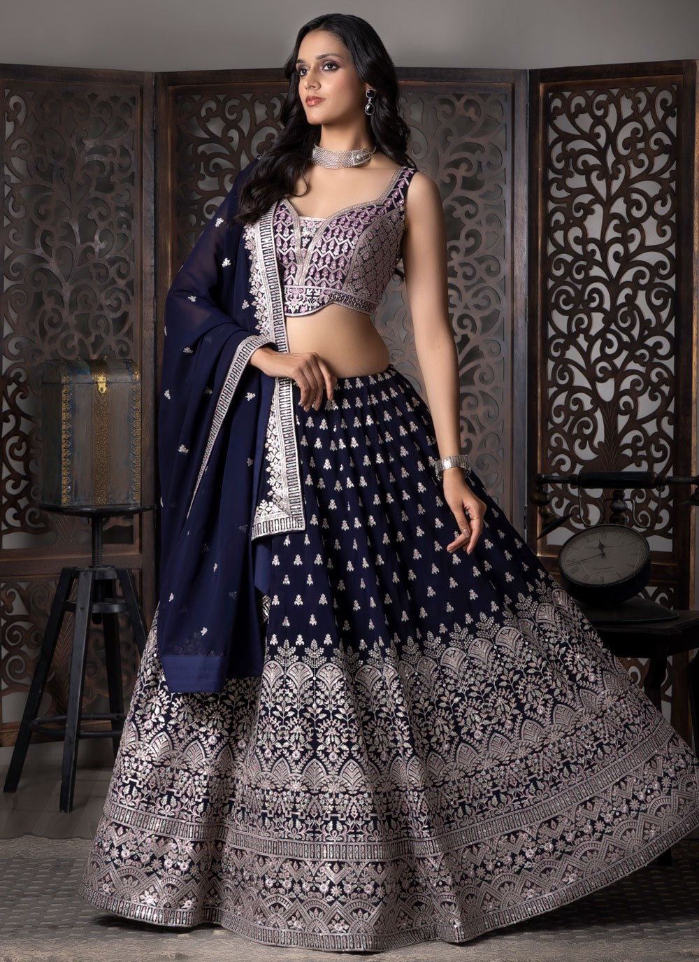 Embroidered Georgette Navy Blue Lehenga Choli L3725