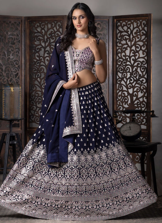 Embroidered Georgette Navy Blue Lehenga Choli L3725