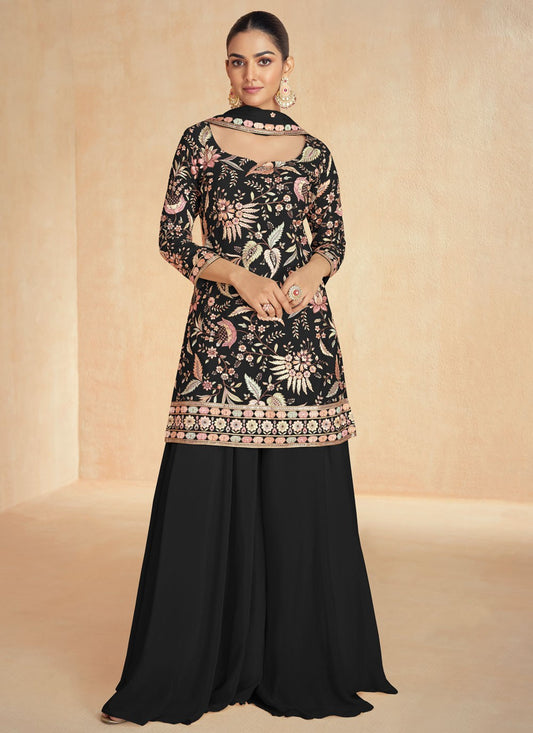 Embroidered Chinon Black Palazzo Suit T6581