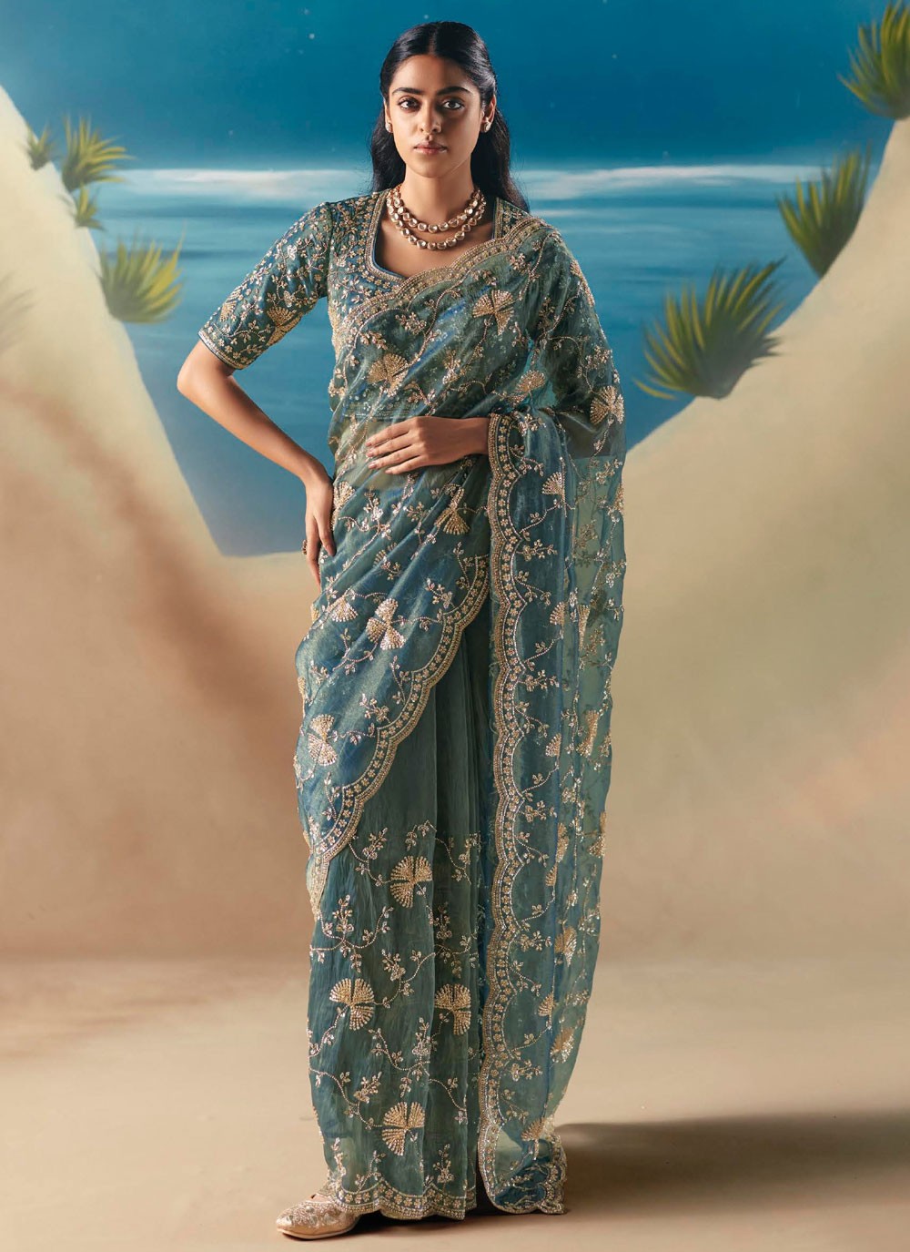 Aqua Blue Fancy Fabric Contemporary Saree Embroidered, Sequins S20193