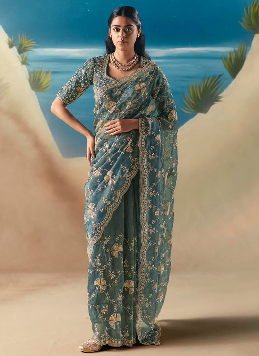Aqua Blue Fancy Fabric Contemporary Saree Embroidered, Sequins S20193