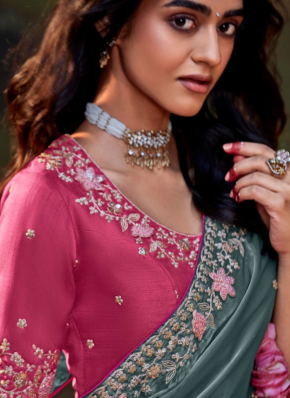 Shaded Border Work Fancy Fabric Saree - S7643