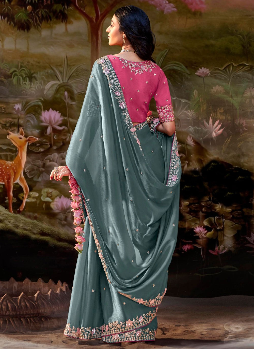 Shaded Border Work Fancy Fabric Saree - S7643