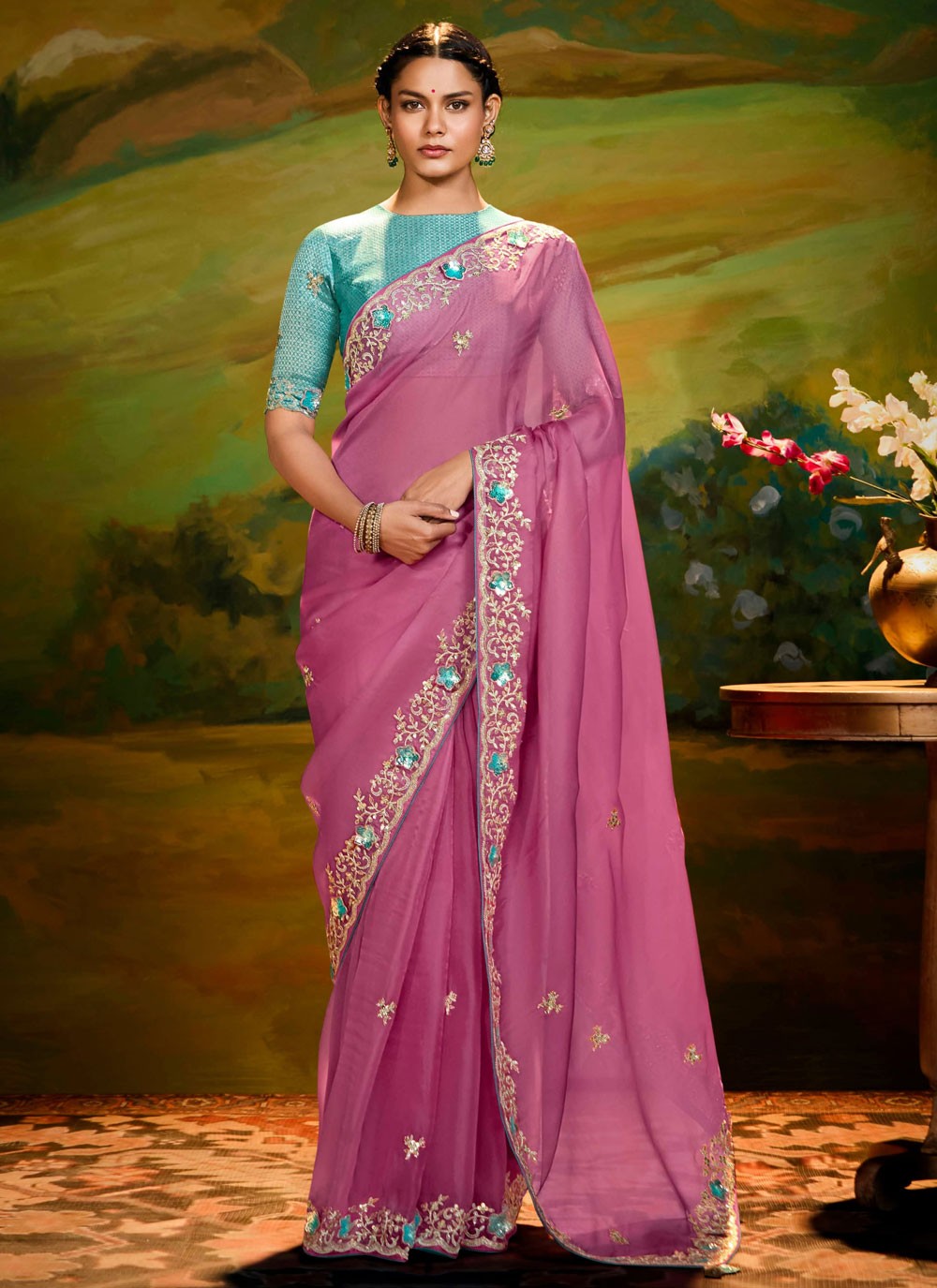 Embroidered Fancy Fabric Hot Pink Contemporary Saree S15261