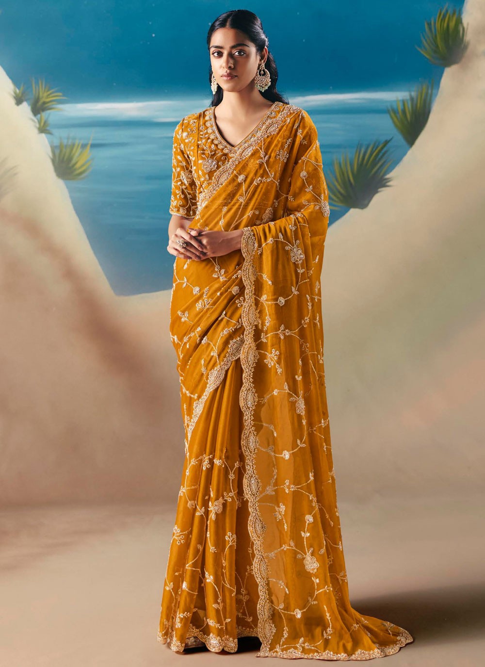 Mustard Fancy Fabric Contemporary Saree Embroidered, Sequins S20189