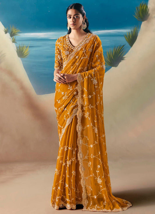 Mustard Fancy Fabric Contemporary Saree Embroidered, Sequins S20189