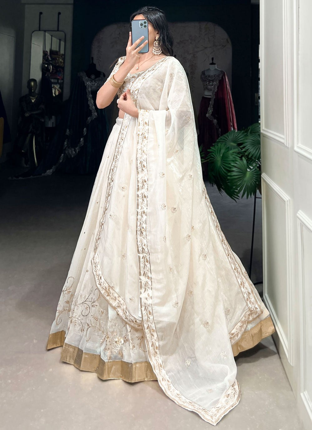 Embroidered Fancy Fabric Off White Lehenga Choli L3719