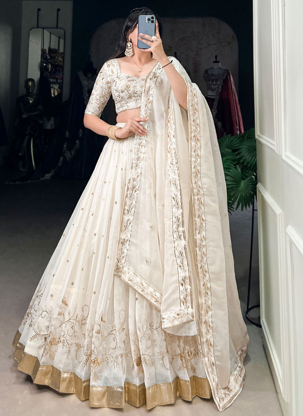 Embroidered Fancy Fabric Off White Lehenga Choli L3719