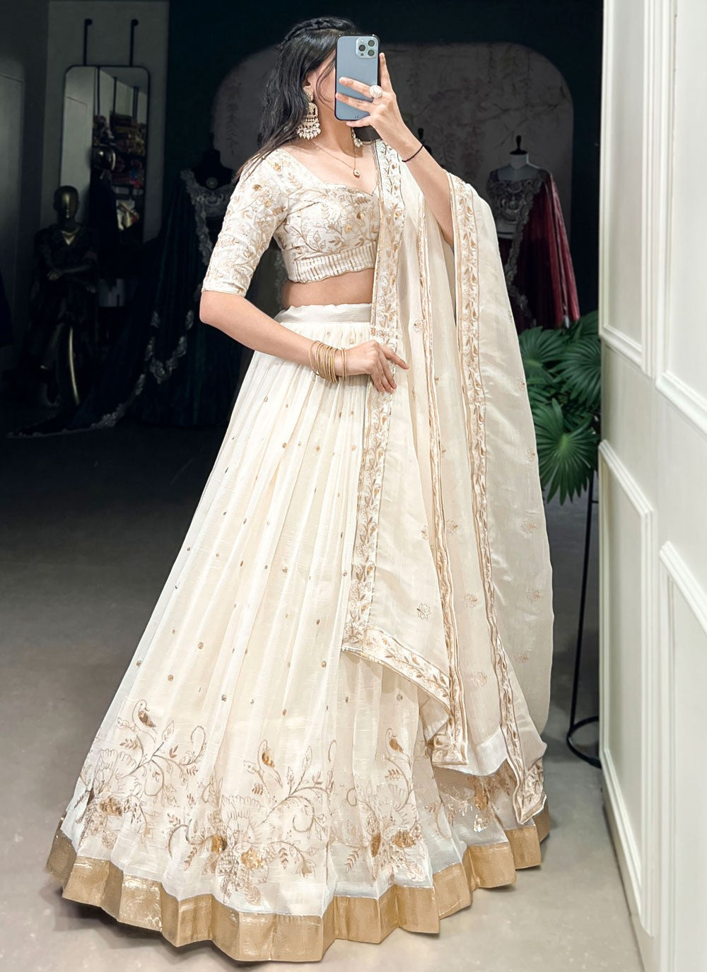 Embroidered Fancy Fabric Off White Lehenga Choli L3719