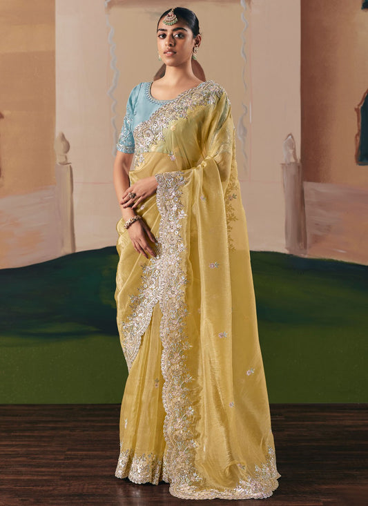 Yellow Fancy Fabric Traditional Saree Embroidered, Sequins S20025