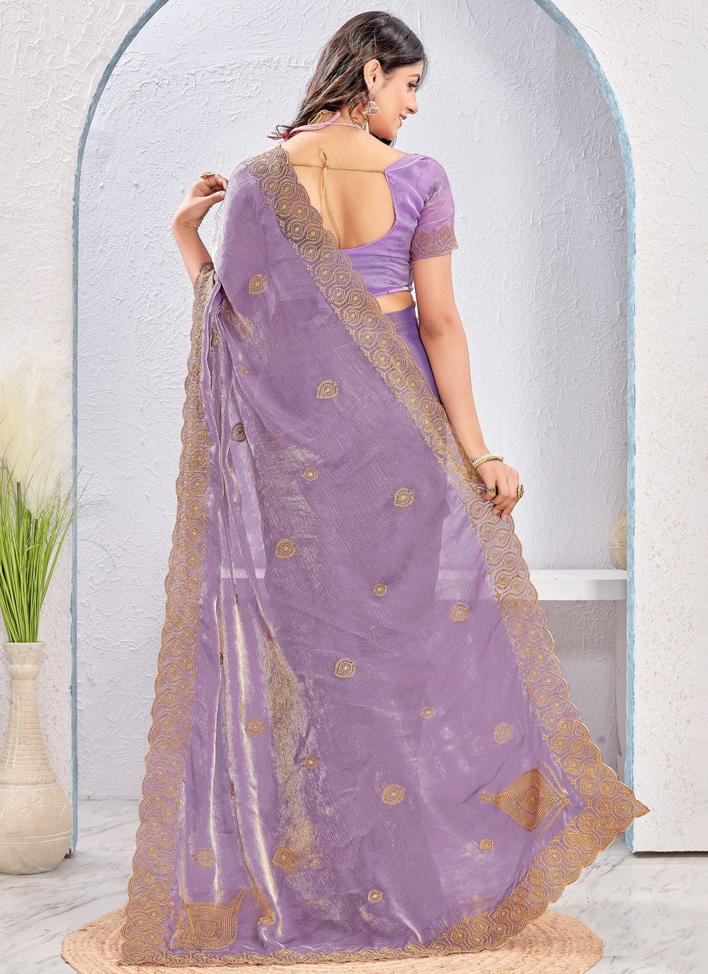Lavender Fandy Designer Saree Embroidered, Zari S16878