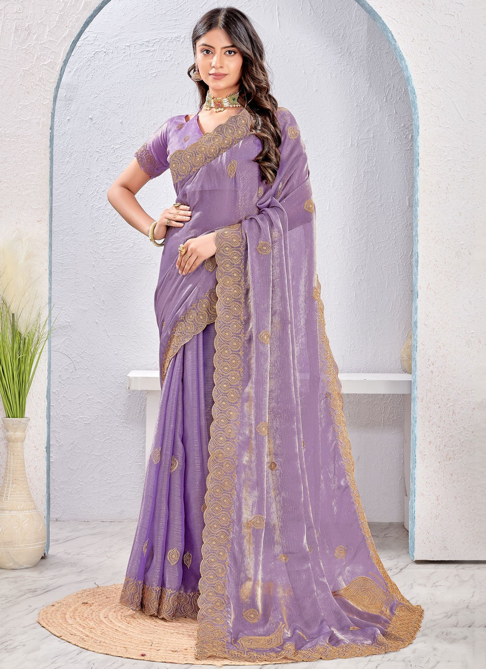 Lavender Fandy Designer Saree Embroidered, Zari S16878