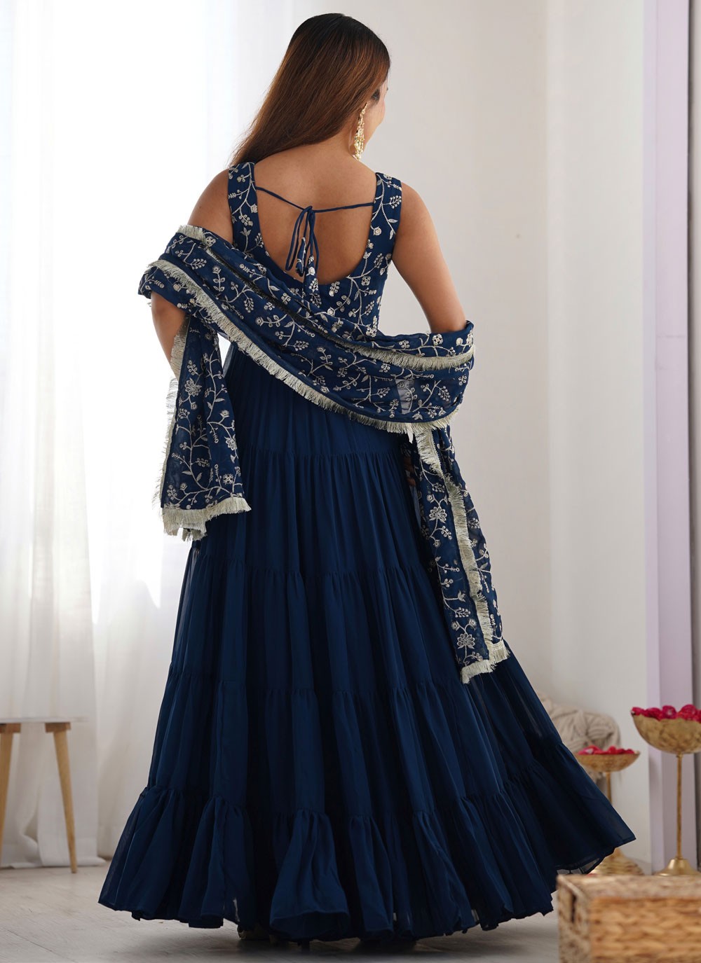Embroidered Faux Georgette Morpeach Anarkali T5950