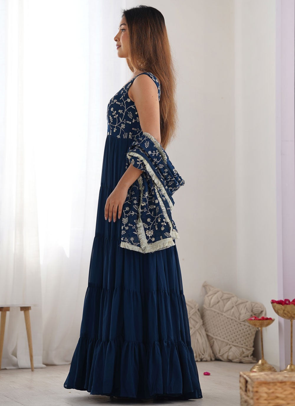 Embroidered Faux Georgette Morpeach Anarkali T5950