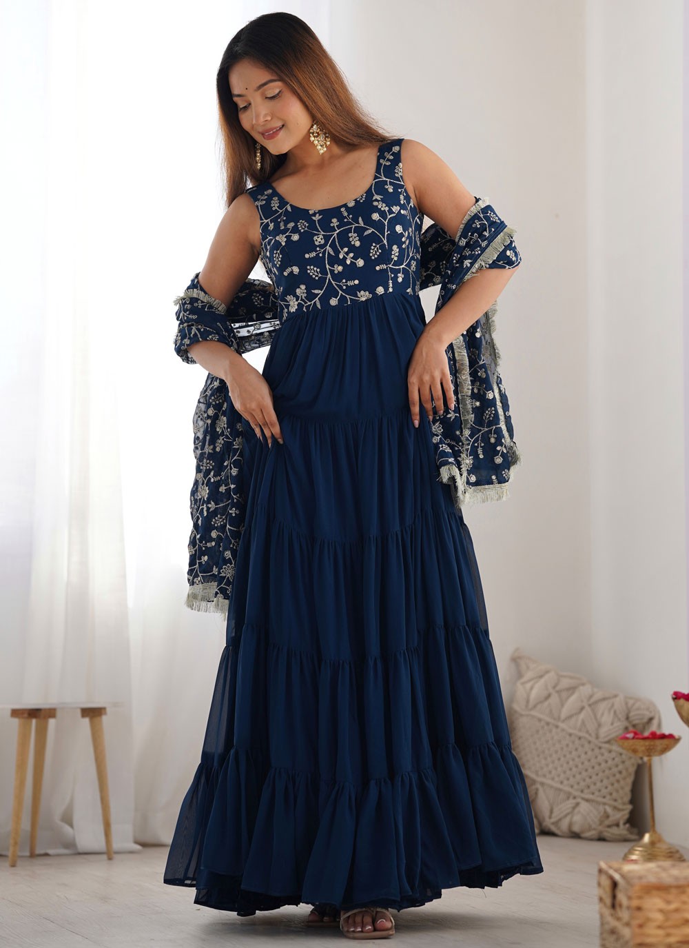 Embroidered Faux Georgette Morpeach Anarkali T5950