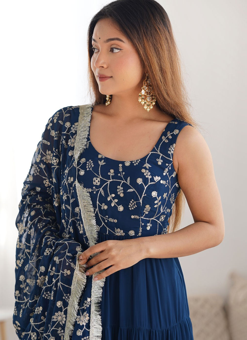 Embroidered Faux Georgette Morpeach Anarkali T5950