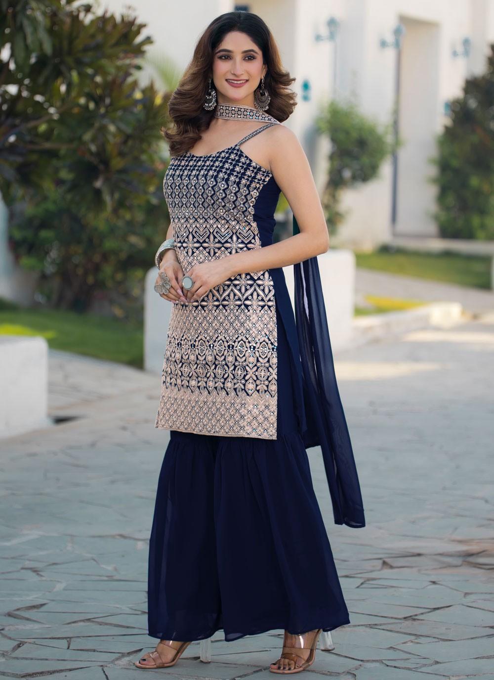Embroidered Faux Georgette Navy Blue Sharara Suit T6343