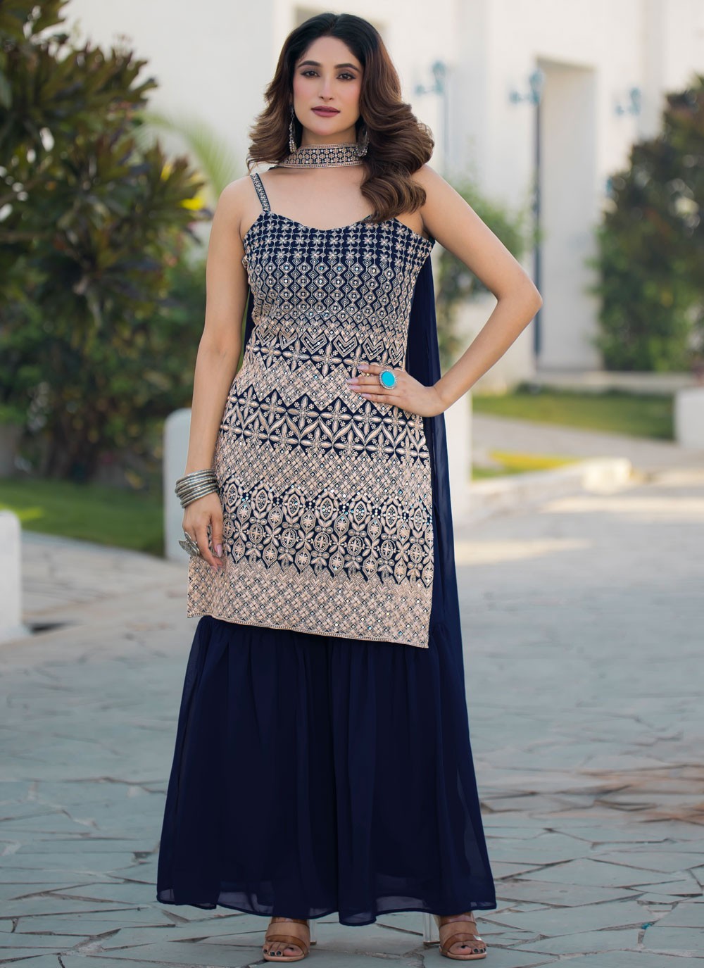 Embroidered Faux Georgette Navy Blue Sharara Suit T6343