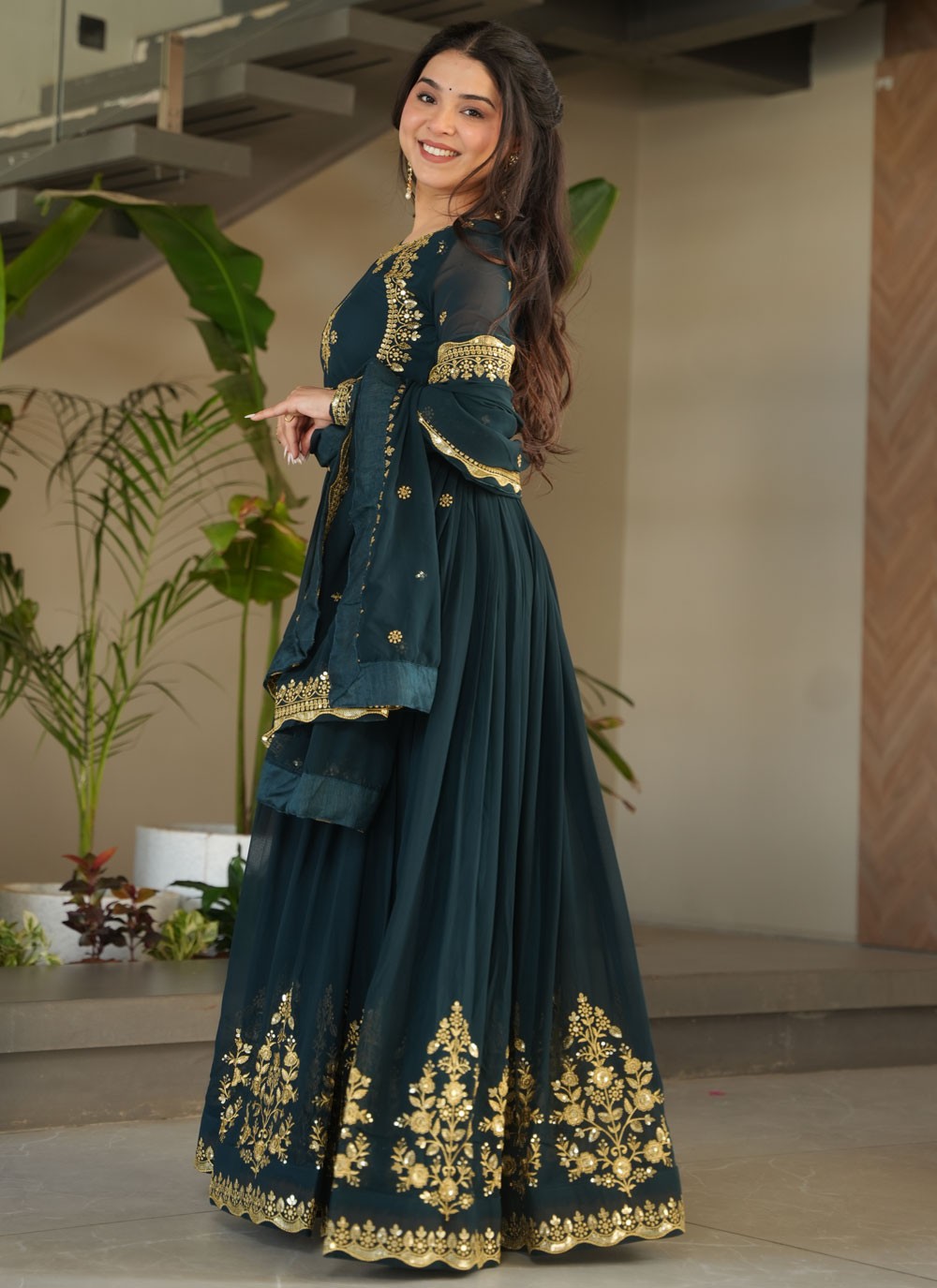 Faux Georgette Mehandi & Sangeet Gown G19879