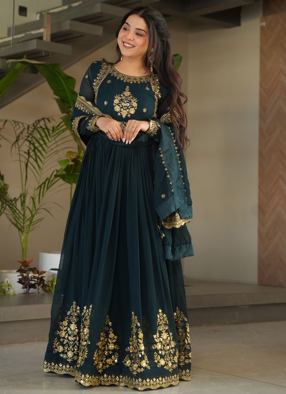 Faux Georgette Mehandi & Sangeet Gown G19879