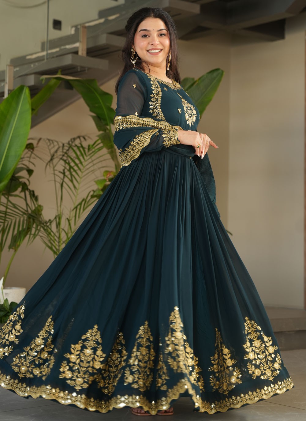 Faux Georgette Mehandi & Sangeet Gown G19879