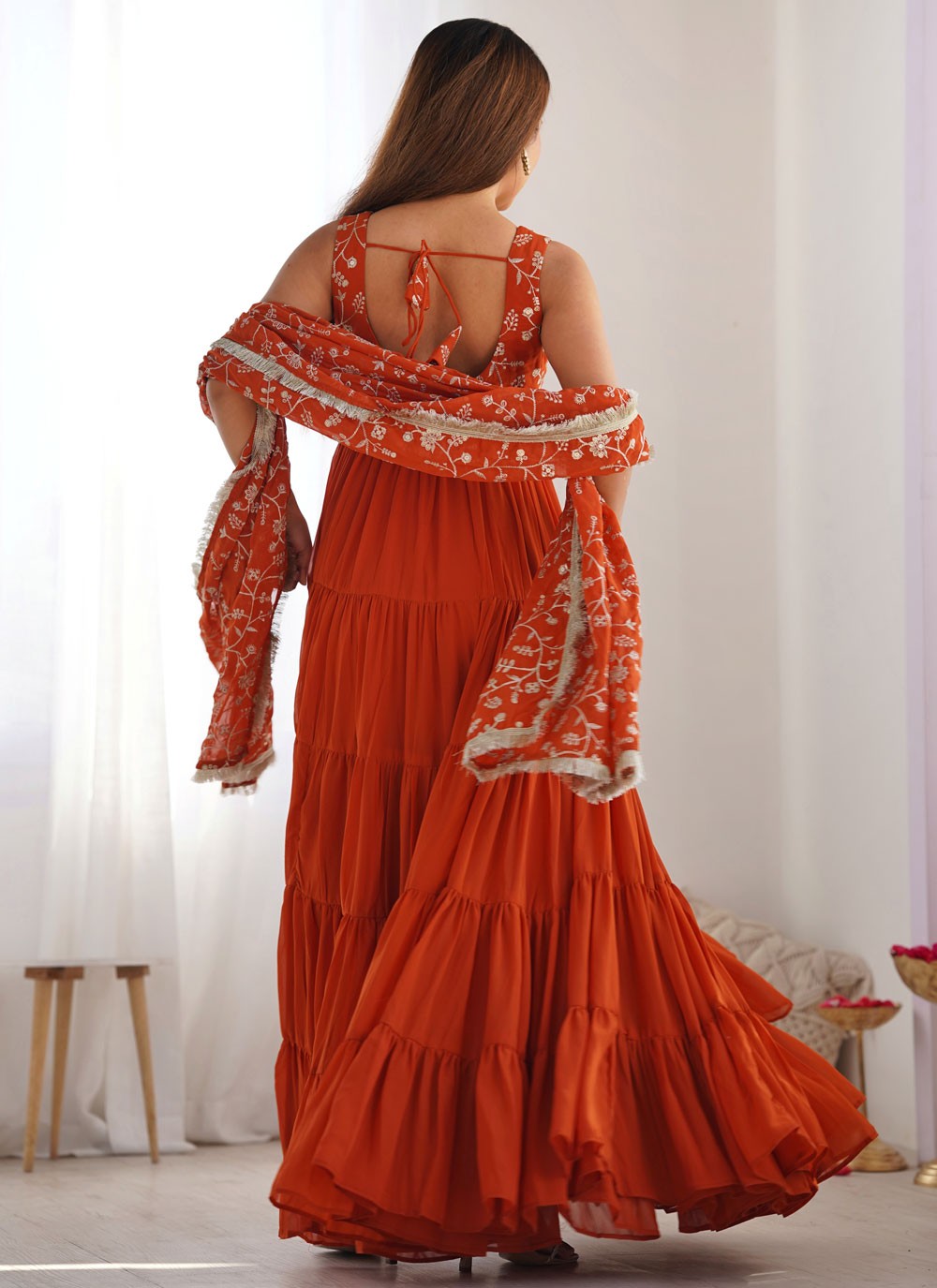 Embroidered Faux Georgette Rust Salwar Suit T5949