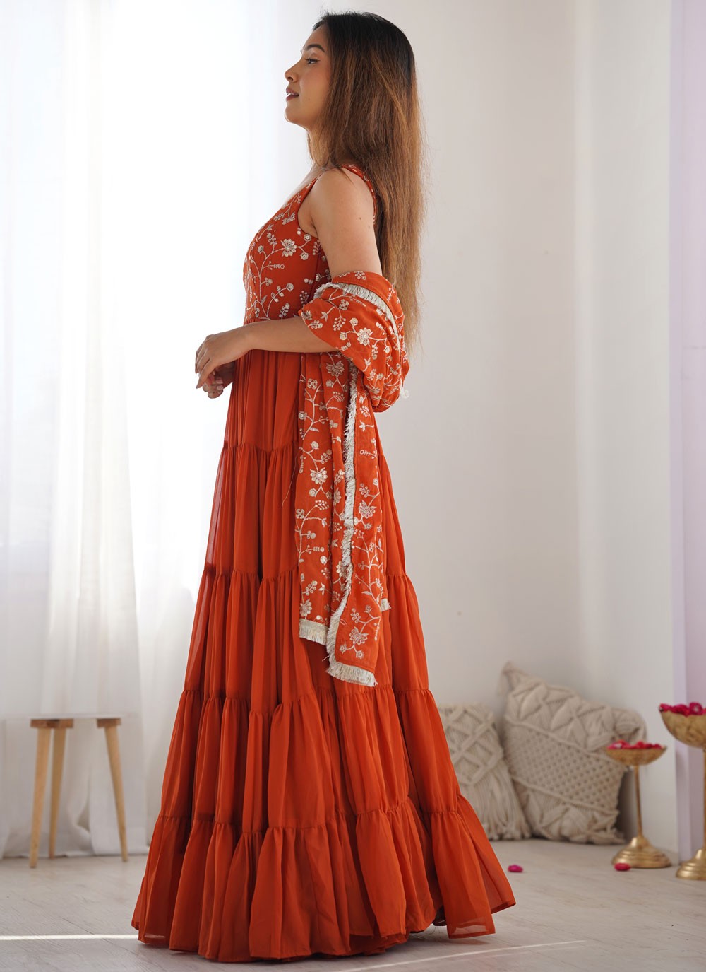 Embroidered Faux Georgette Rust Salwar Suit T5949