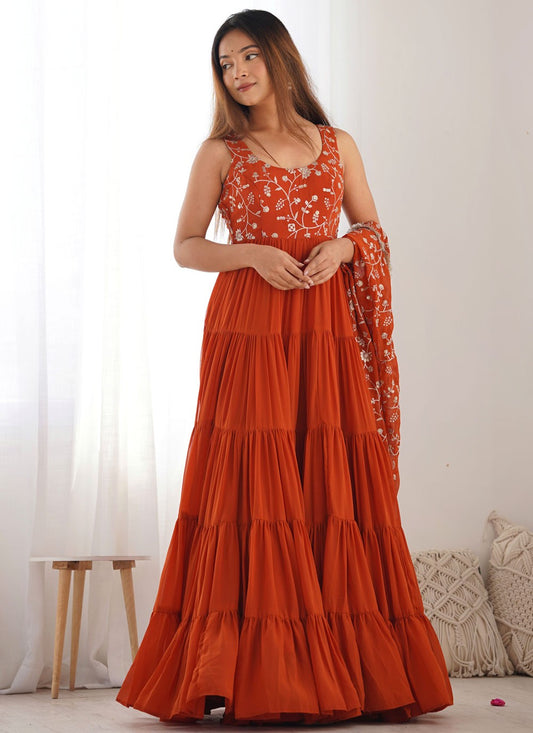 Embroidered Faux Georgette Rust Salwar Suit T5949