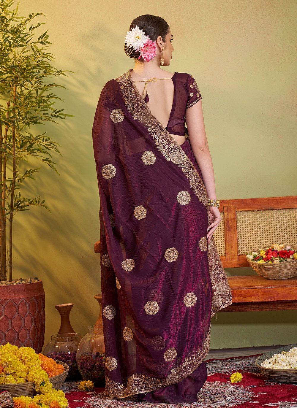 Embroidered Chiffon Wine Saree S14407