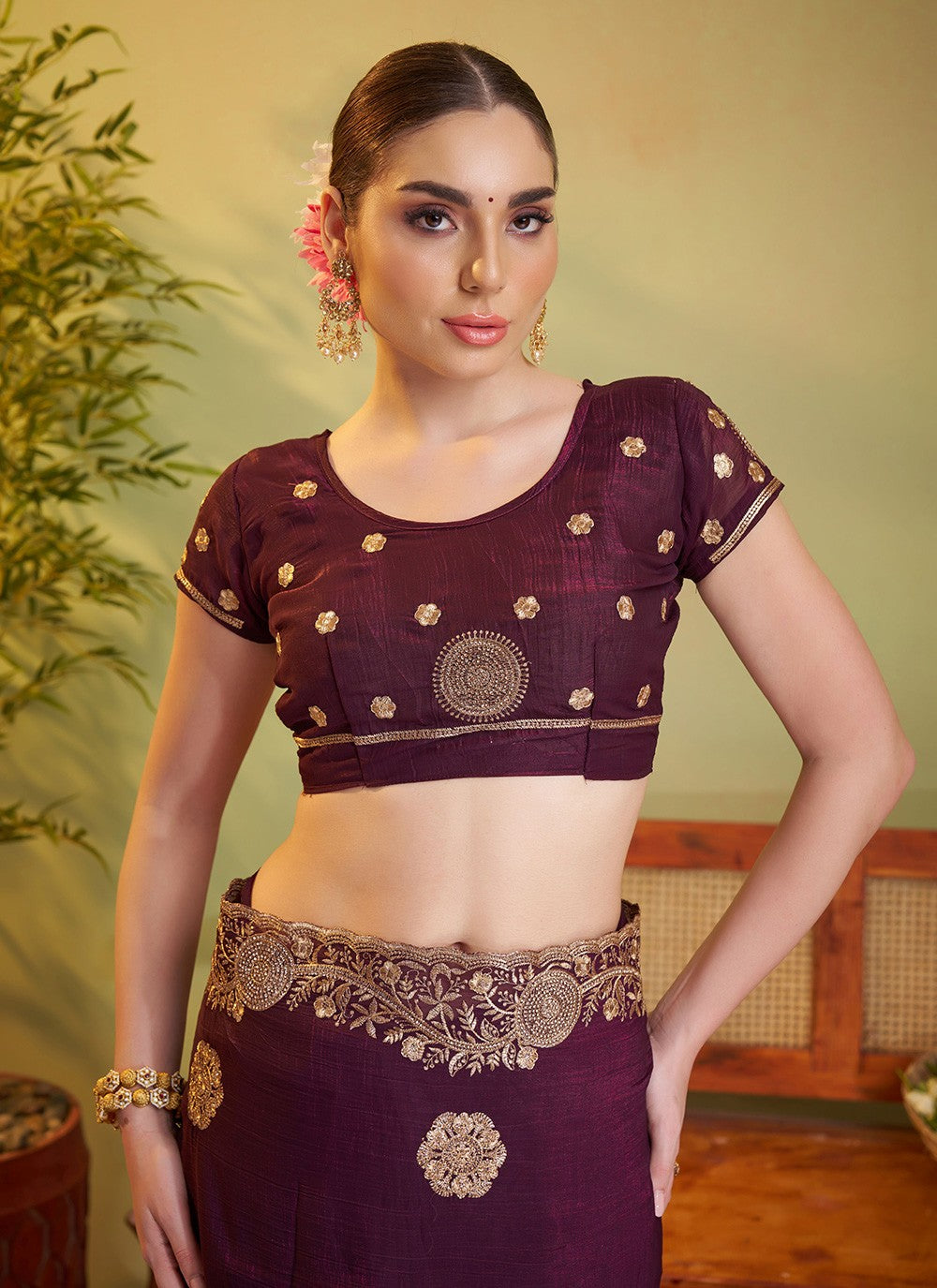 Embroidered Chiffon Wine Saree S14407