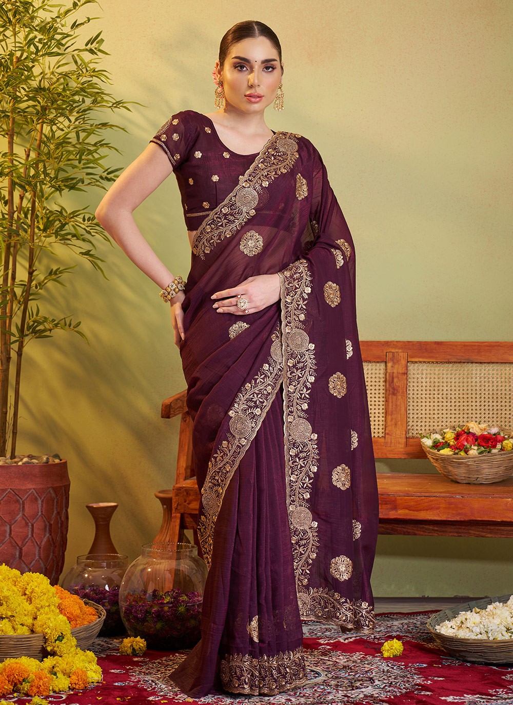 Embroidered Chiffon Wine Saree S14407