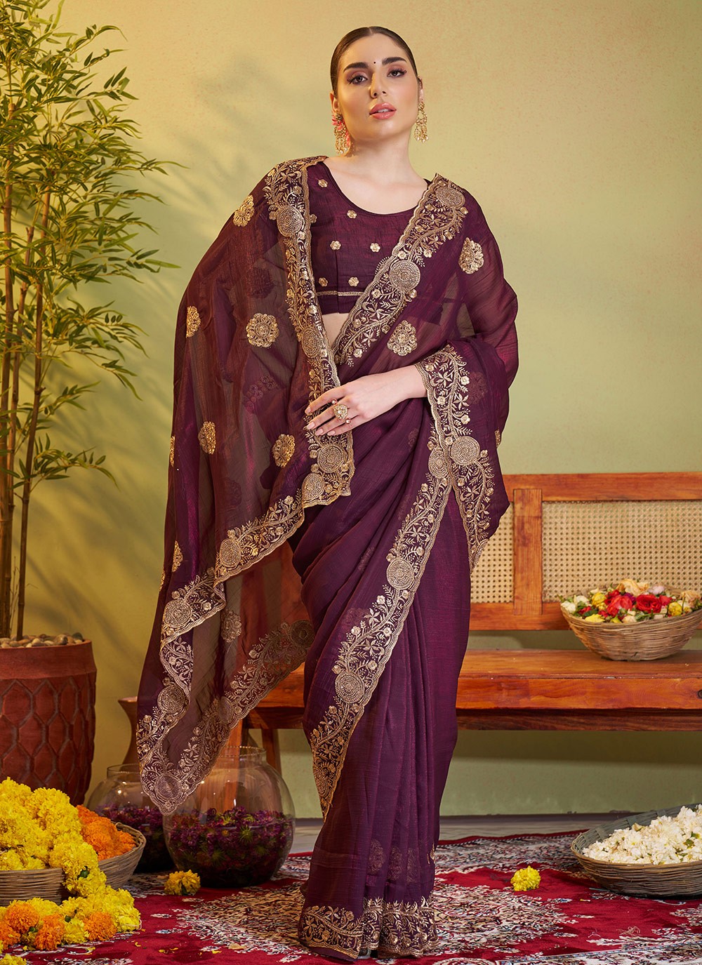 Embroidered Chiffon Wine Saree S14407