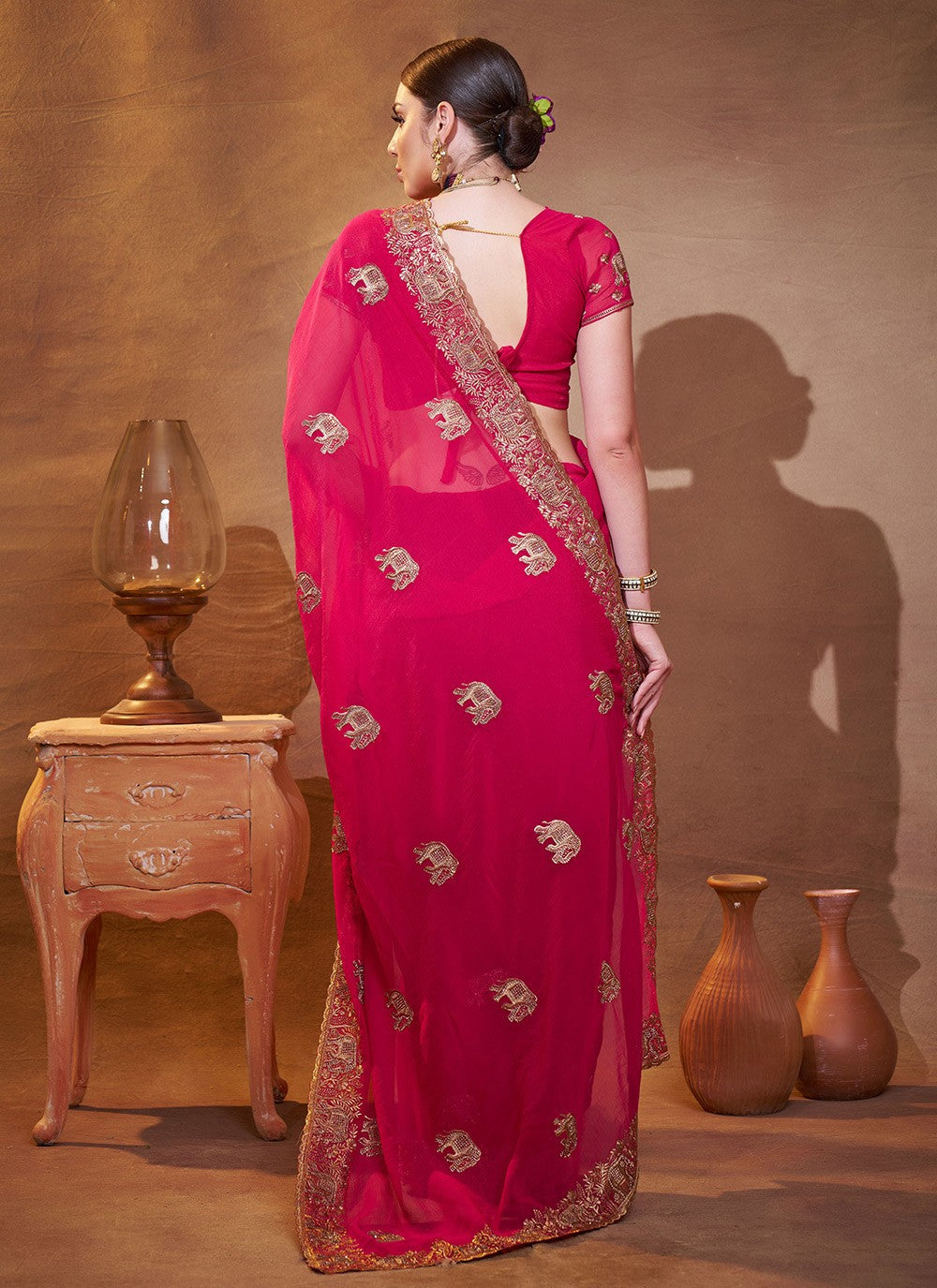 Embroidered Chiffon Pink Saree S14408
