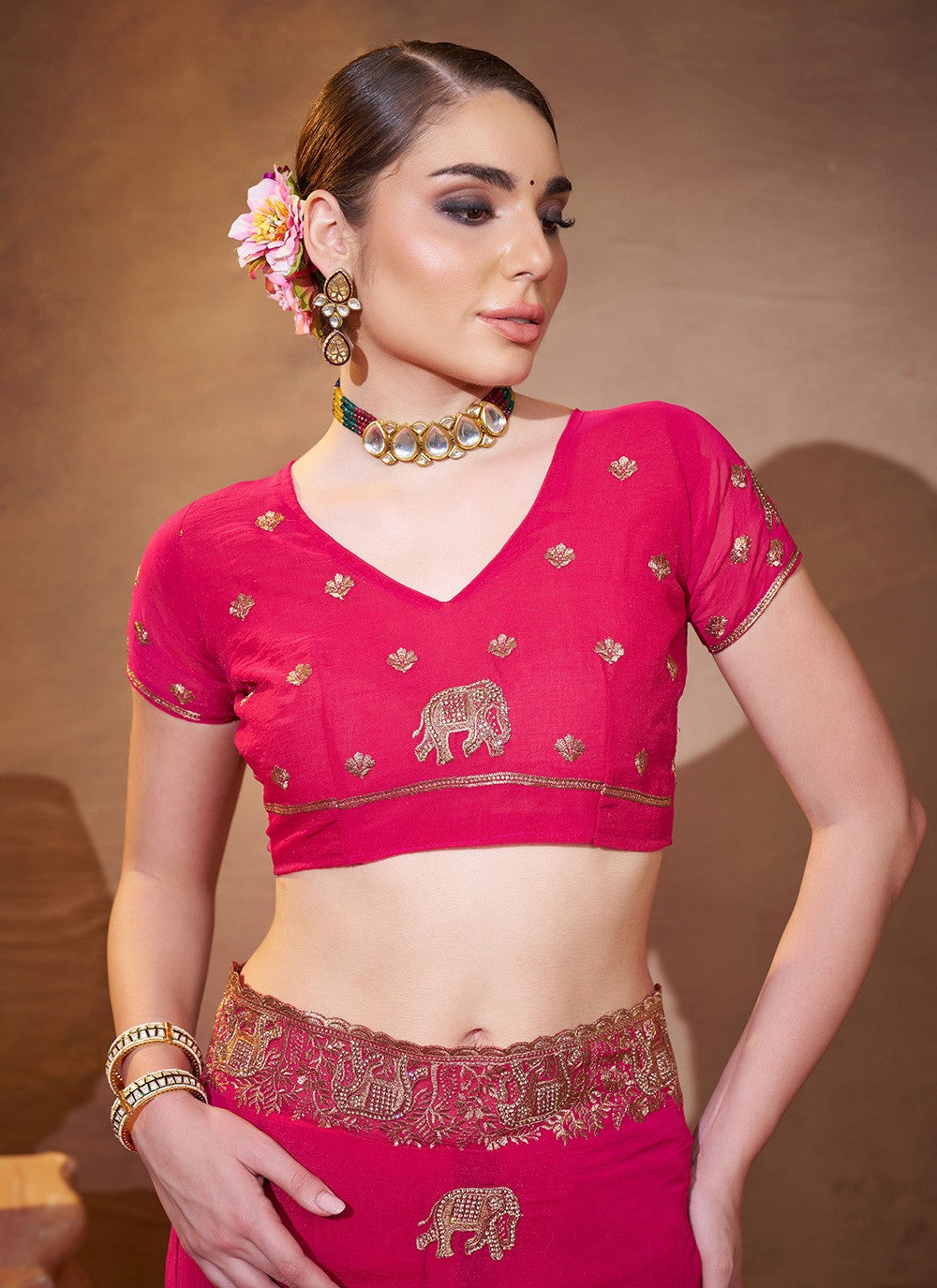 Embroidered Chiffon Pink Saree S14408