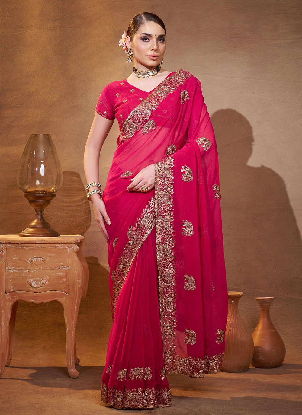 Embroidered Chiffon Pink Saree S14408