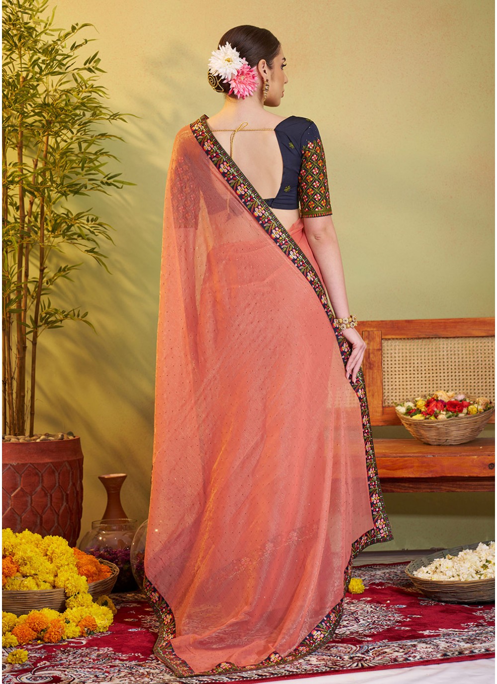 Embroidered Chiffon Peach Saree S14458