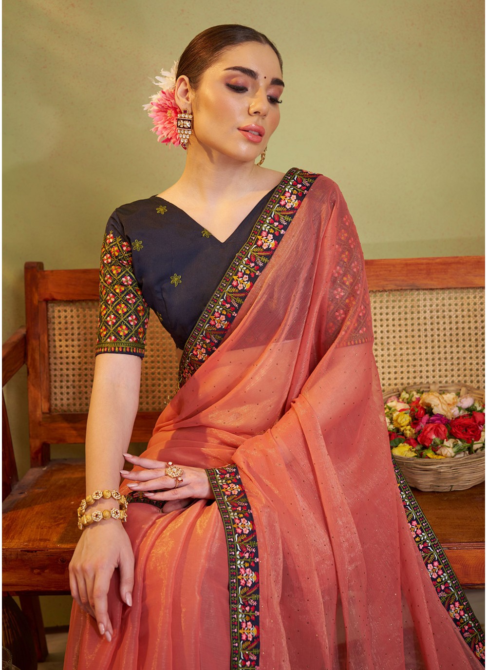 Embroidered Chiffon Peach Saree S14458