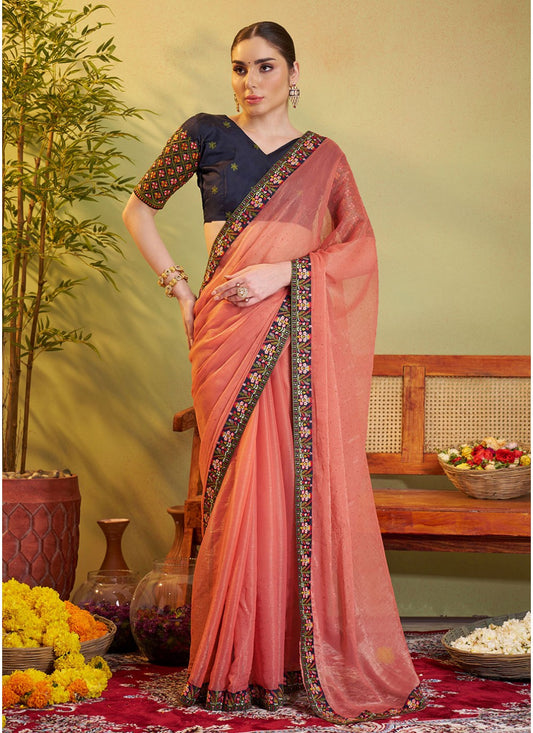 Embroidered Chiffon Peach Saree S14458