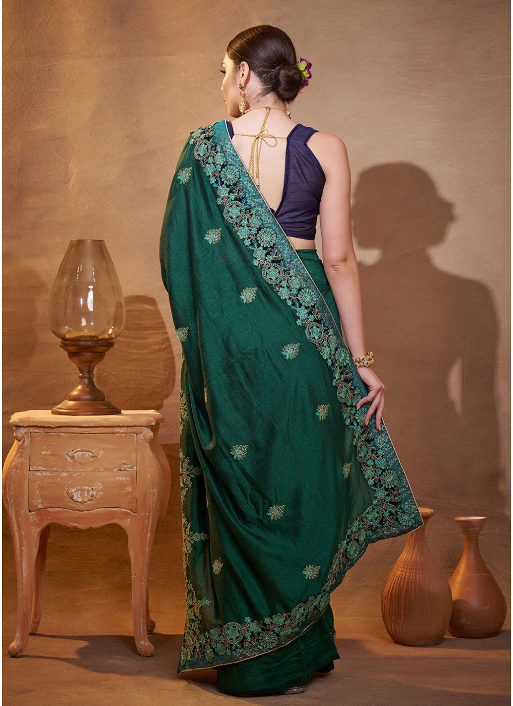 Embroidered Vichitra Silk Green Saree S14459