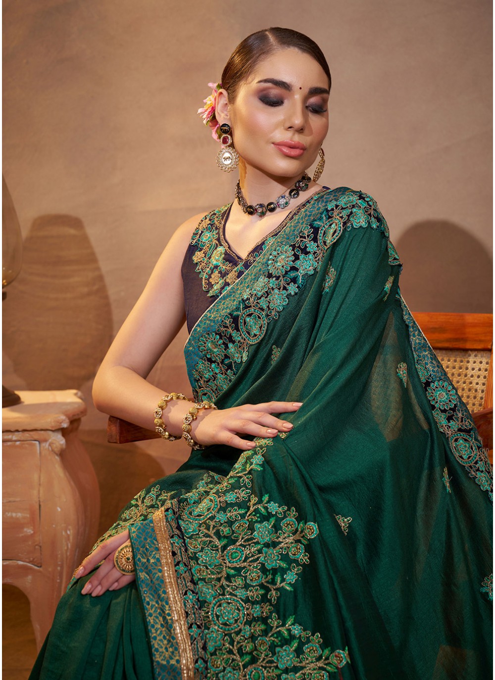 Embroidered Vichitra Silk Green Saree S14459