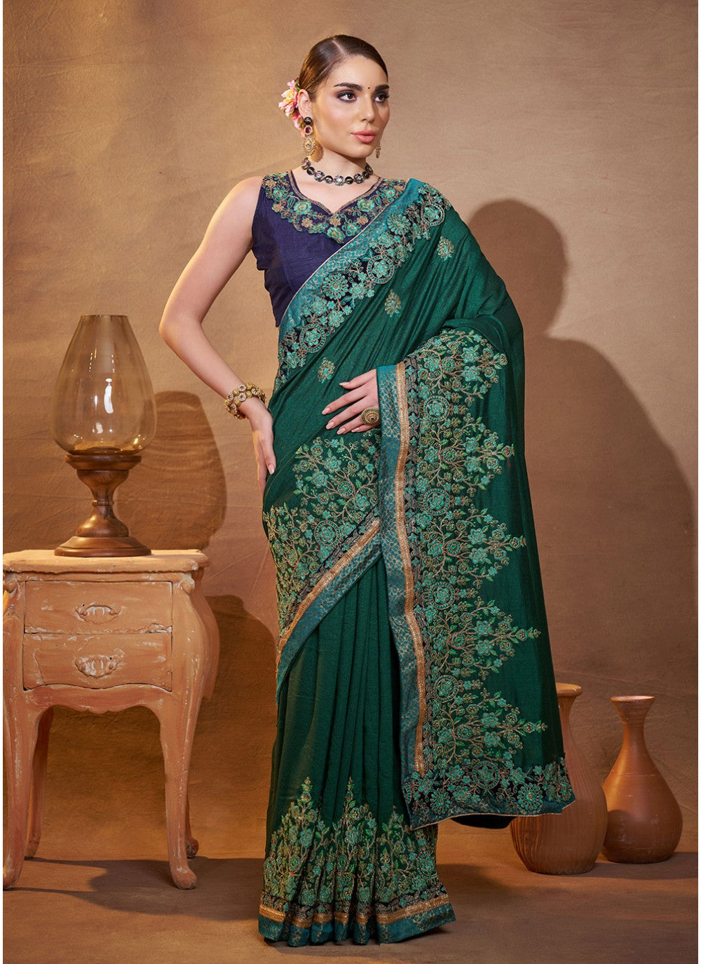 Embroidered Vichitra Silk Green Saree S14459