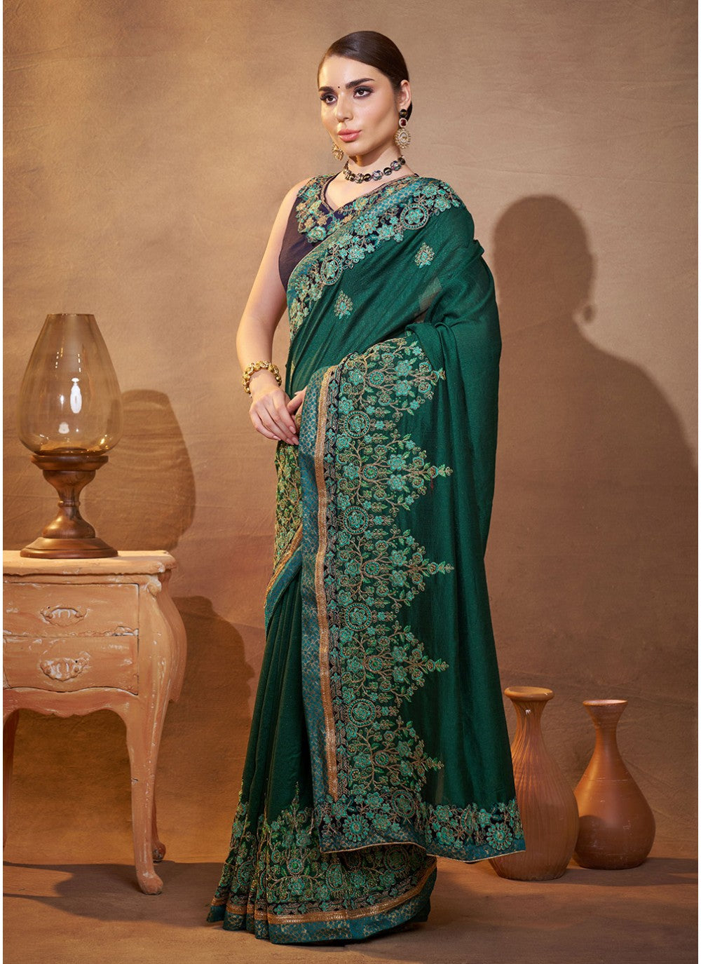 Embroidered Vichitra Silk Green Saree S14459