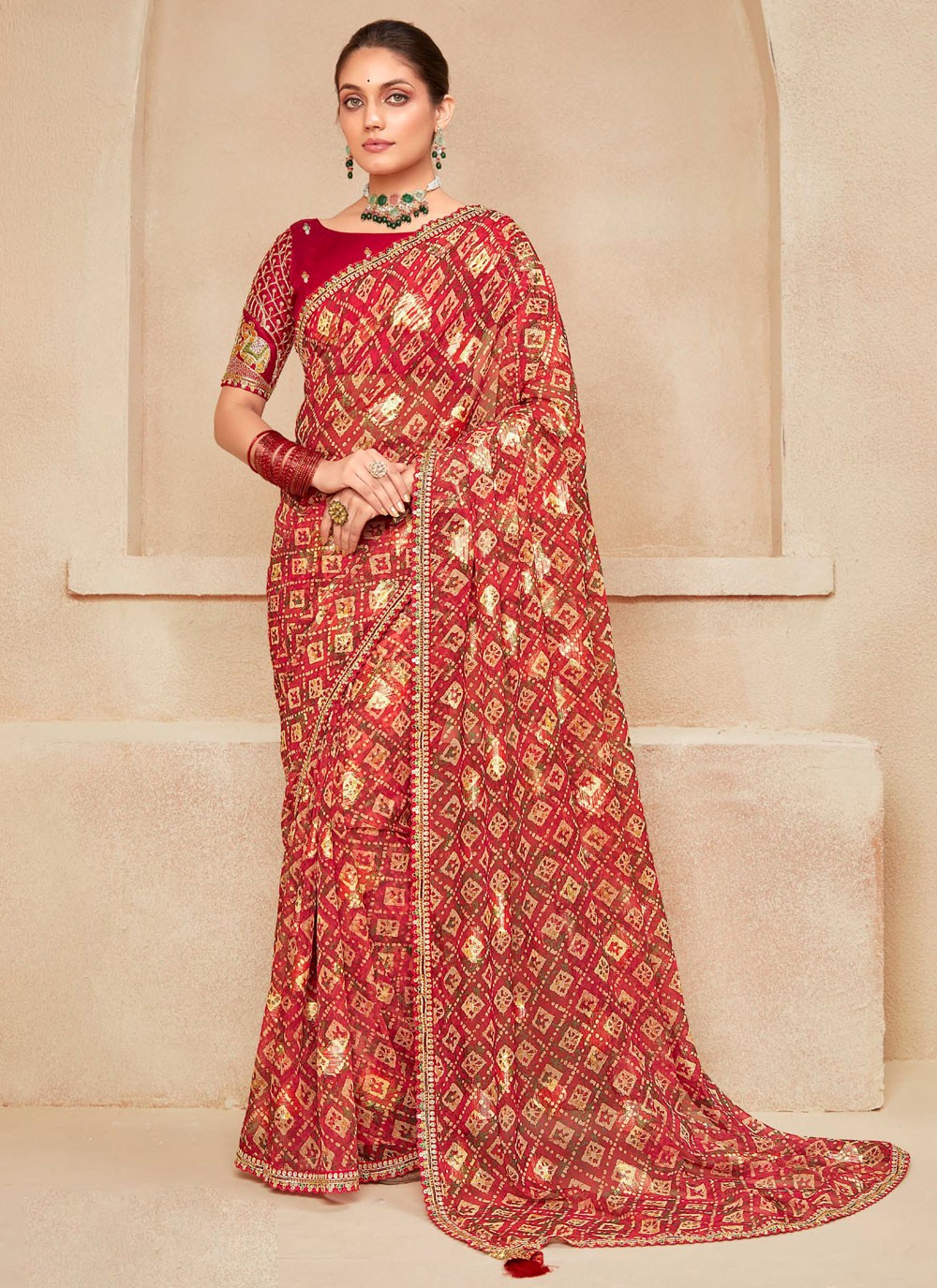 Red Georgette Classic Saree Embroidered, Printed S20511