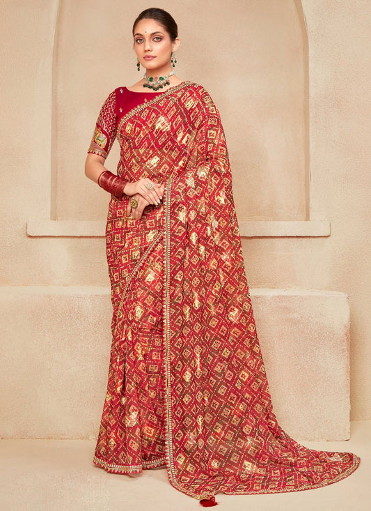 Red Georgette Classic Saree Embroidered, Printed S20511