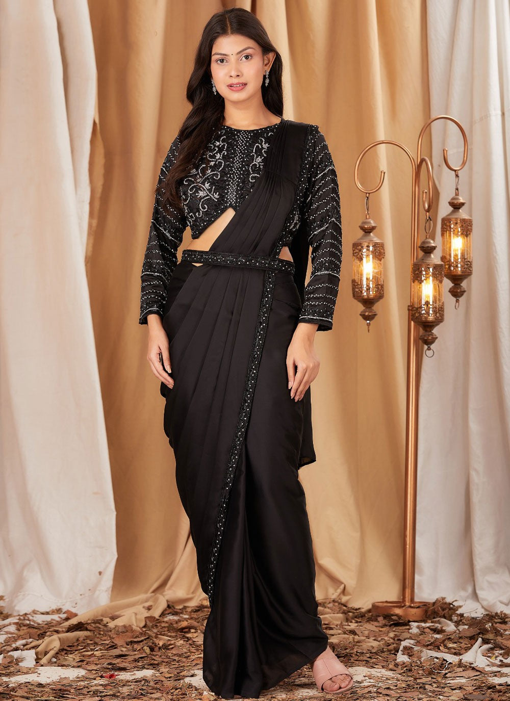 Designer Embroidered Black Chinon Saree S12949