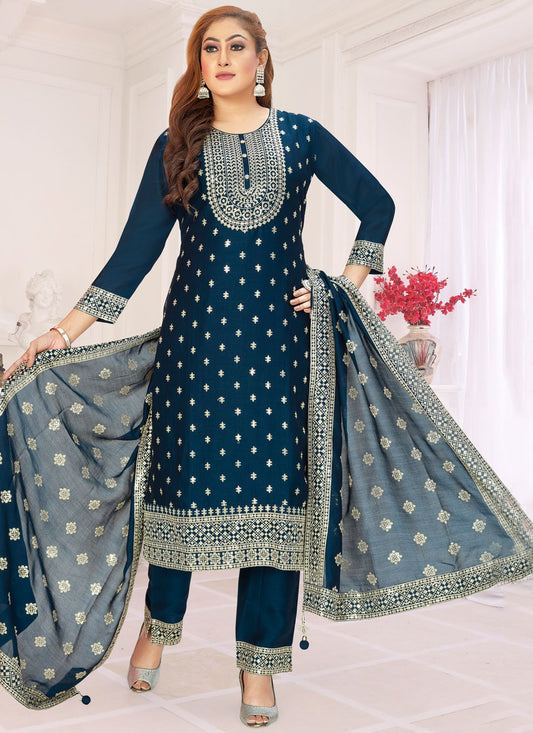 Salwar Suit Embroidered Morpeach Vichitra Silk T5756