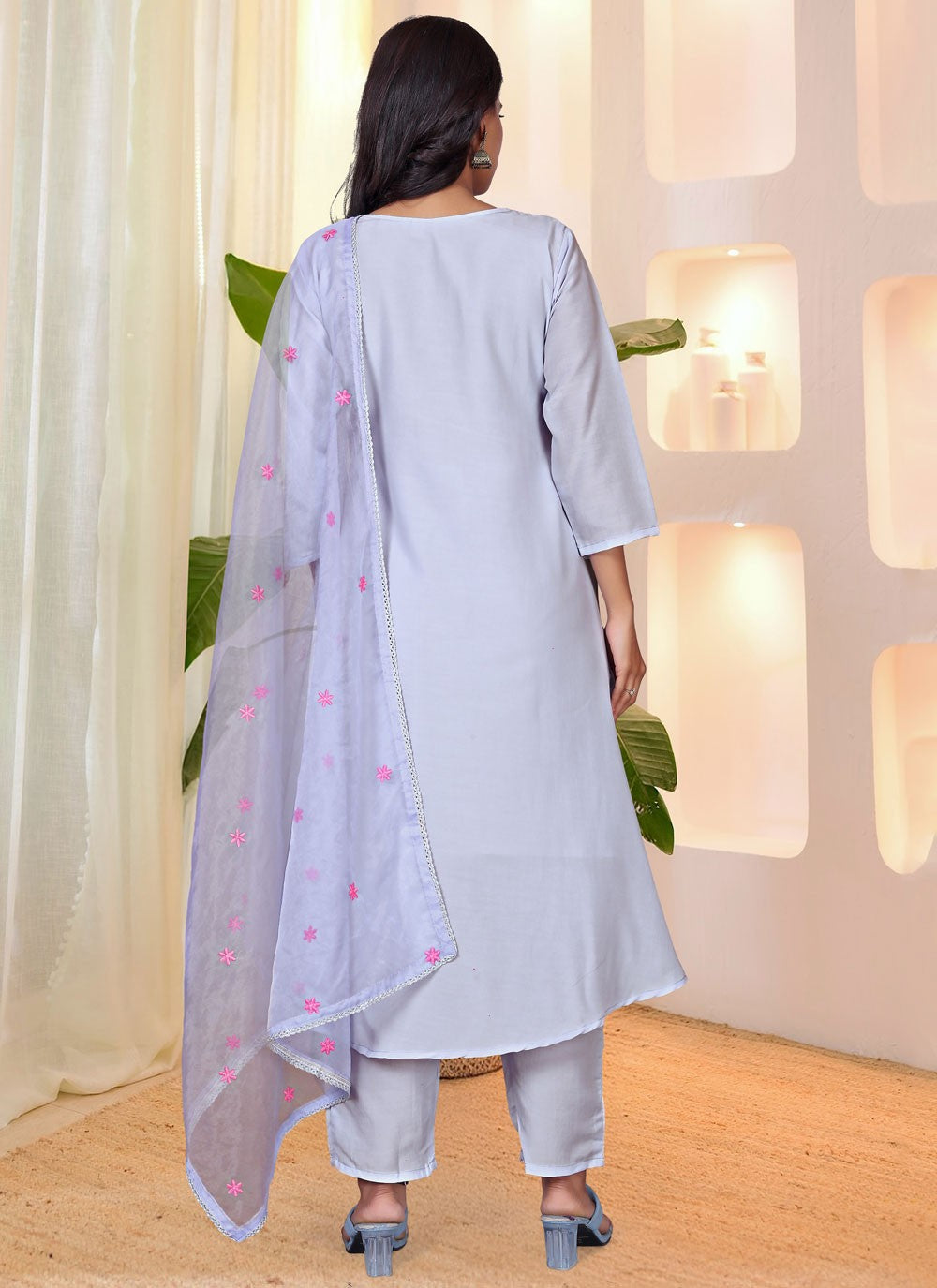 Pant Style Suit Embroidered Aqua Blue T8794