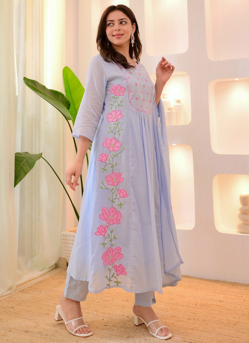 Pant Style Suit Embroidered Aqua Blue T8794