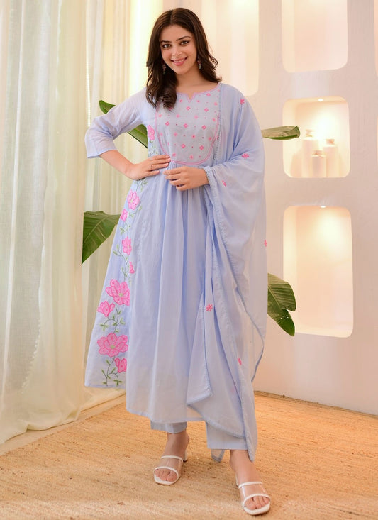 Pant Style Suit Embroidered Aqua Blue T8794