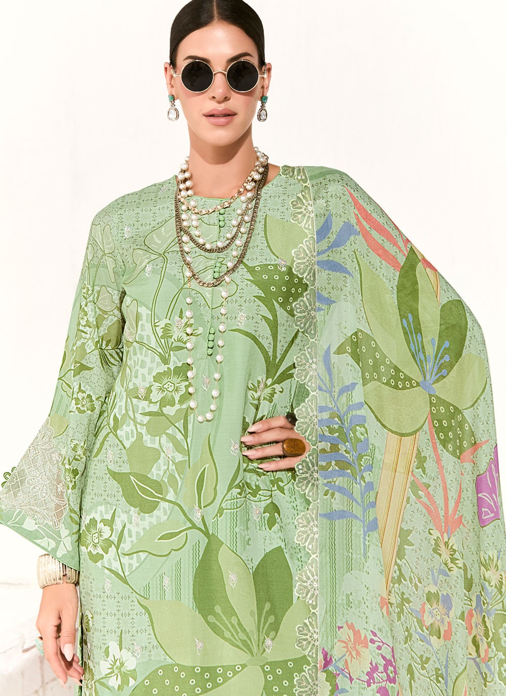Pant Style Suit Digital Print, Embroidered, Patch, Resham Green T7905
